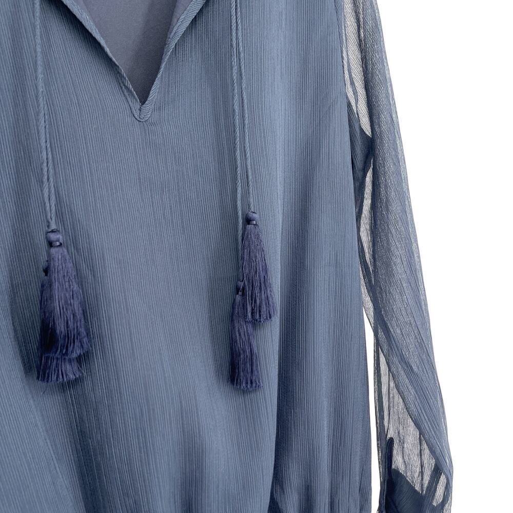 Marie Oliver Navy Blue Smocked Waist Dress With Tassels Long Sheer Sleeve Small - Picture 3 of 7
